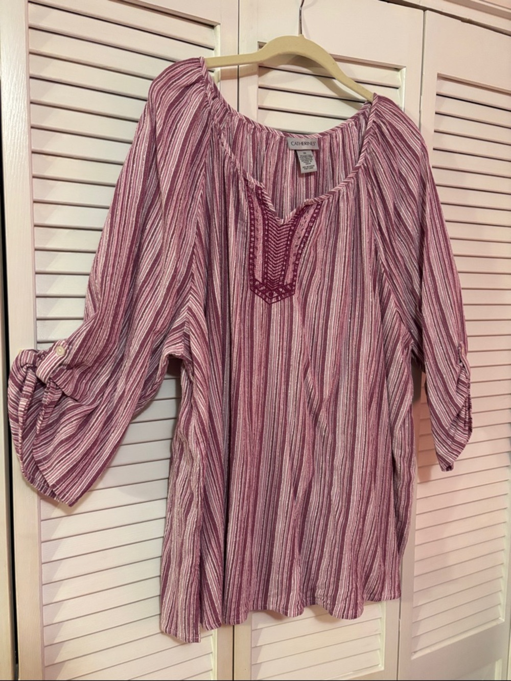 Catherines Pink and White Striped Peasant Tunic with Embroidered Yoke